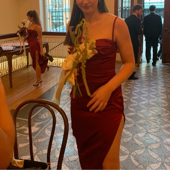 SOLD House of CB Wine Satin Pleated Corset Midi Dress - Picture 4 of 4